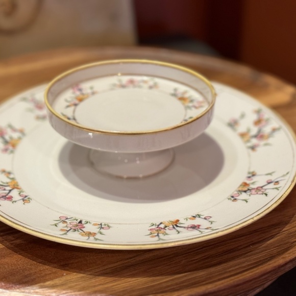 Vintage Hand Painted Nippon Tiered Serving Tray Tidbit Tray Gold Pink Flowers - Picture 8 of 12
